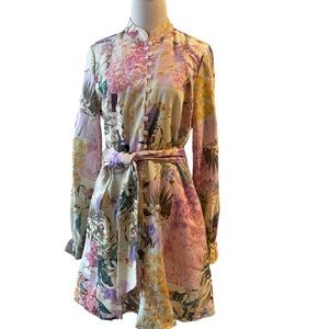 Fate Women’s Floral Linen Dress Button Front With Belt Long Sleeve Size Small